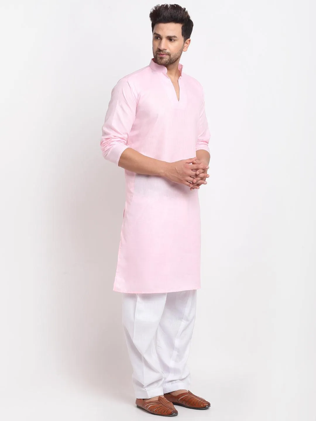 Men's Pink Solid Pathani Kurta With White Salwar - Benstoke