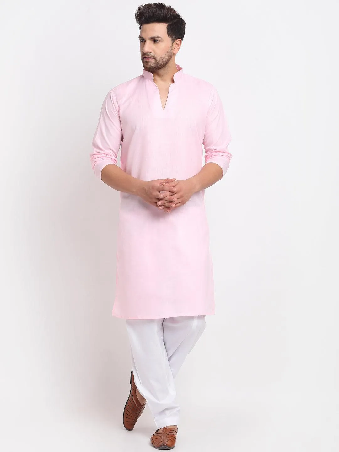 Men's Pink Solid Pathani Kurta With White Salwar - Benstoke