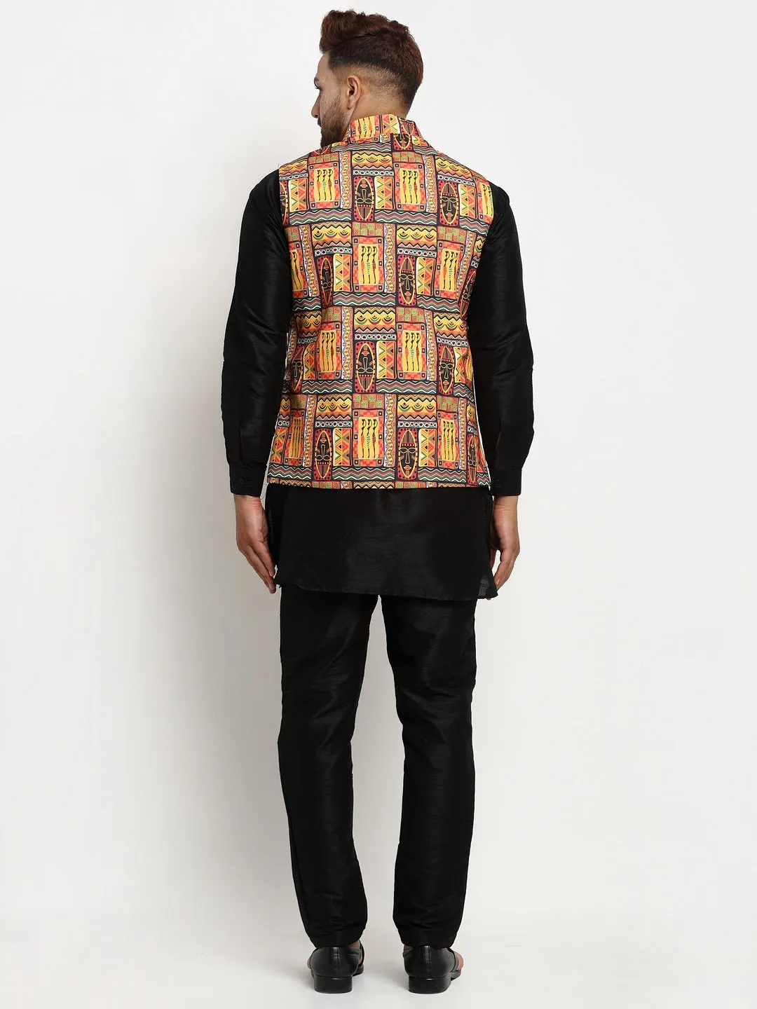 Men's Silk Blend Black Kurta With Pyjama & Yellow Printed Nehru Jacket - Benstoke