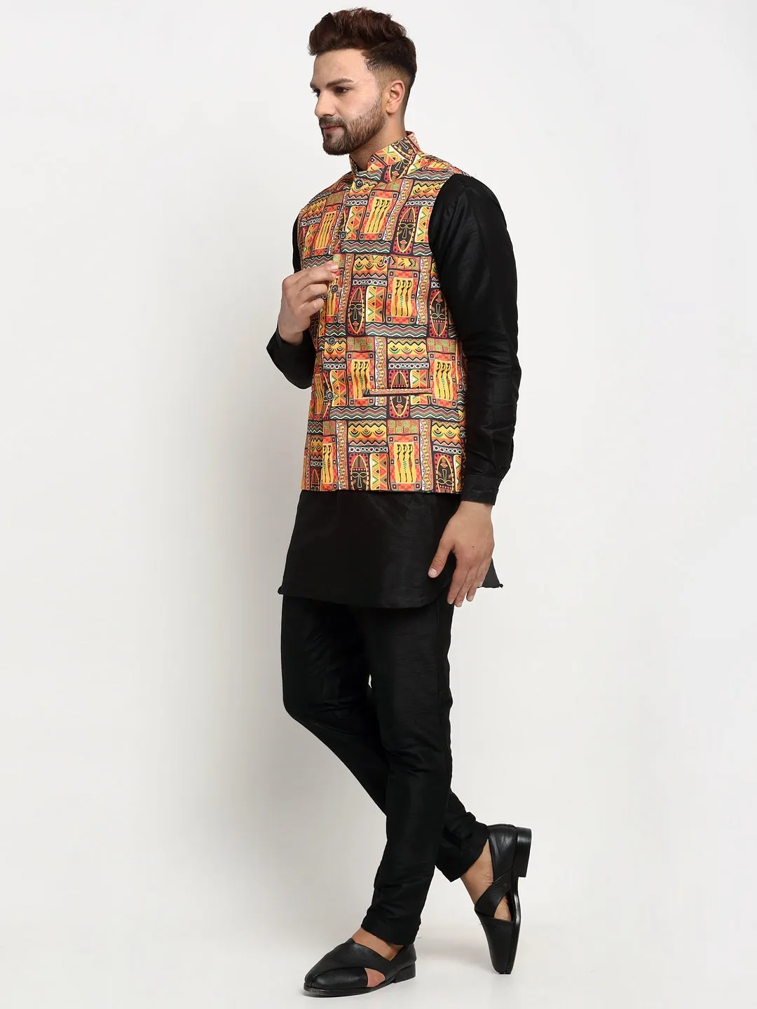 Men's Silk Blend Black Kurta With Pyjama & Yellow Printed Nehru Jacket - Benstoke