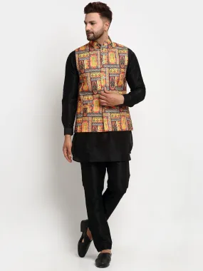 Men's Silk Blend Black Kurta With Pyjama & Yellow Printed Nehru Jacket - Benstoke