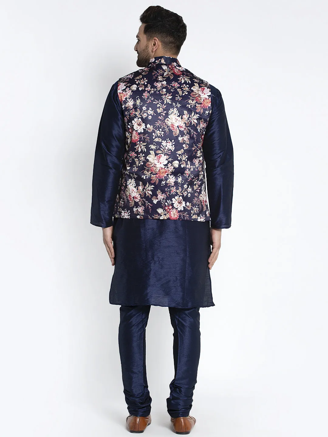 Men's Silk Blend Navy Blue Kurta With Pyjama & Navy Blue Printed Nehru Jacket - Benstoke