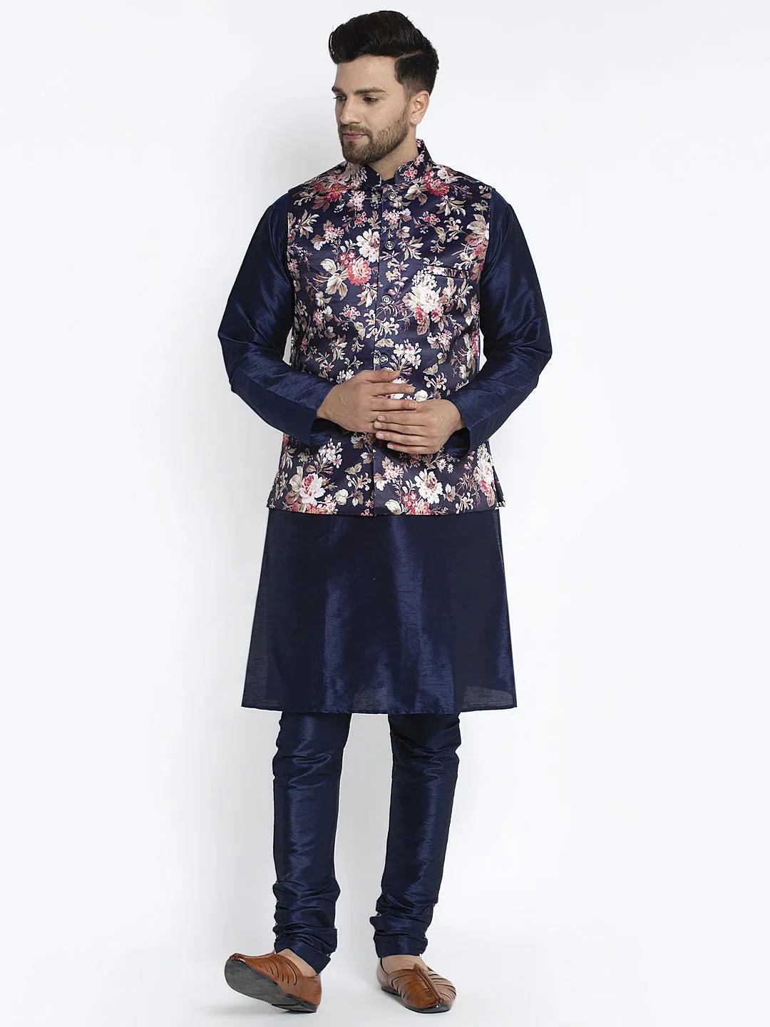 Men's Silk Blend Navy Blue Kurta With Pyjama & Navy Blue Printed Nehru Jacket - Benstoke