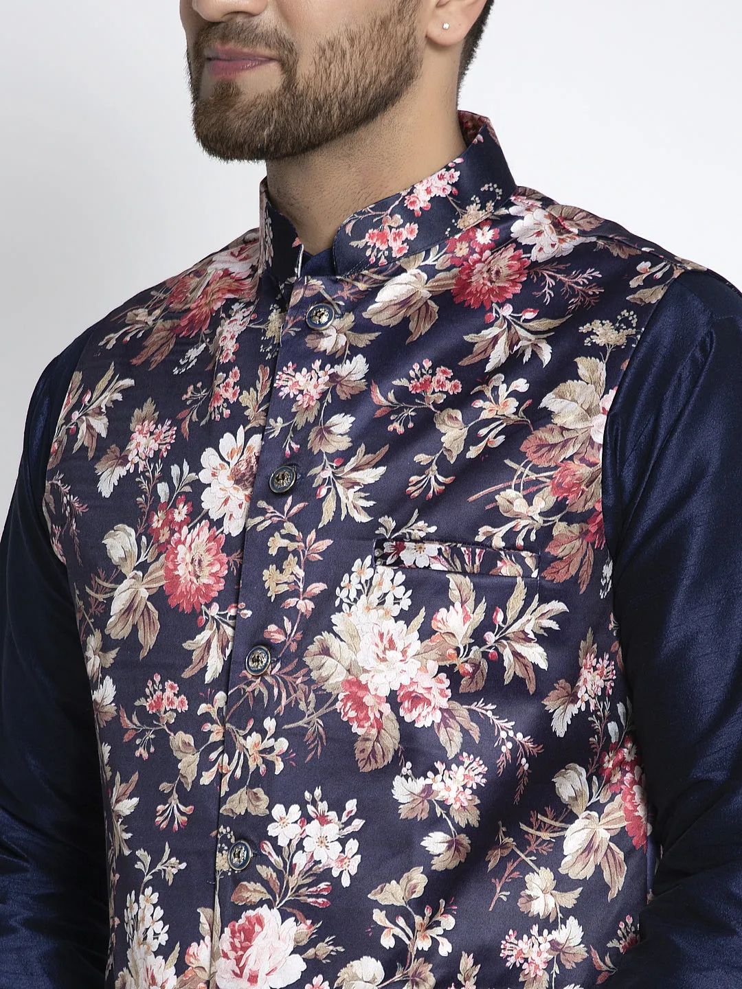 Men's Silk Blend Navy Blue Kurta With Pyjama & Navy Blue Printed Nehru Jacket - Benstoke