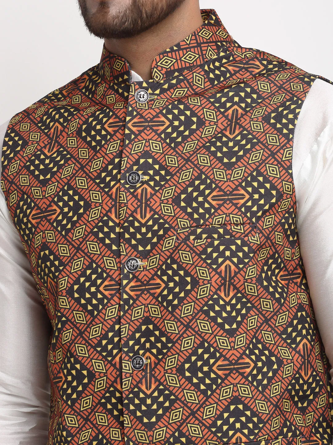 Men's Silk Blend White Kurta With Pyjama & Brown Printed Nehru Jacket - Benstoke