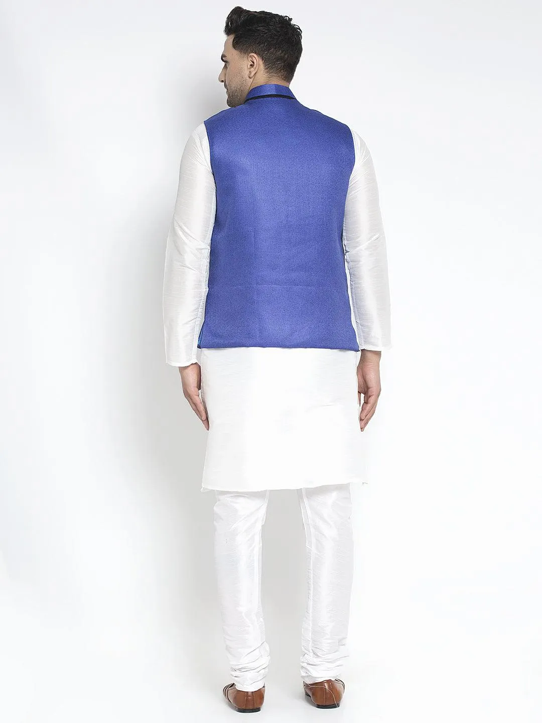 Men's Silk Blend White Kurta With Pyjama & Royal Blue Nehru Jacket - Benstoke