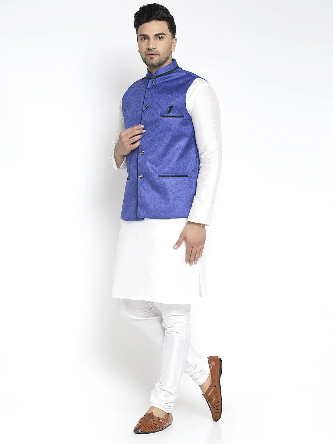 Men's Silk Blend White Kurta With Pyjama & Royal Blue Nehru Jacket - Benstoke