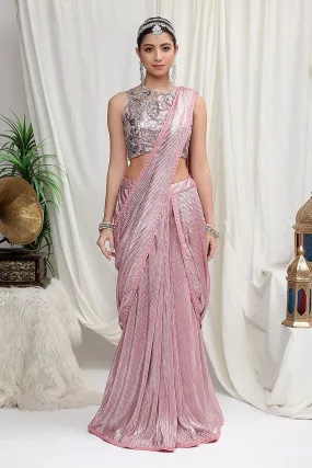 Metallic Pink Pleated skirt saree with Embroidered Blouse