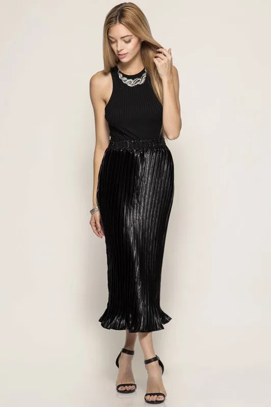 Metallic Pleated Midi Skirt