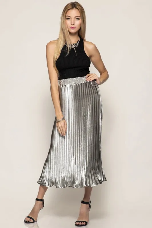 Metallic Pleated Midi Skirt