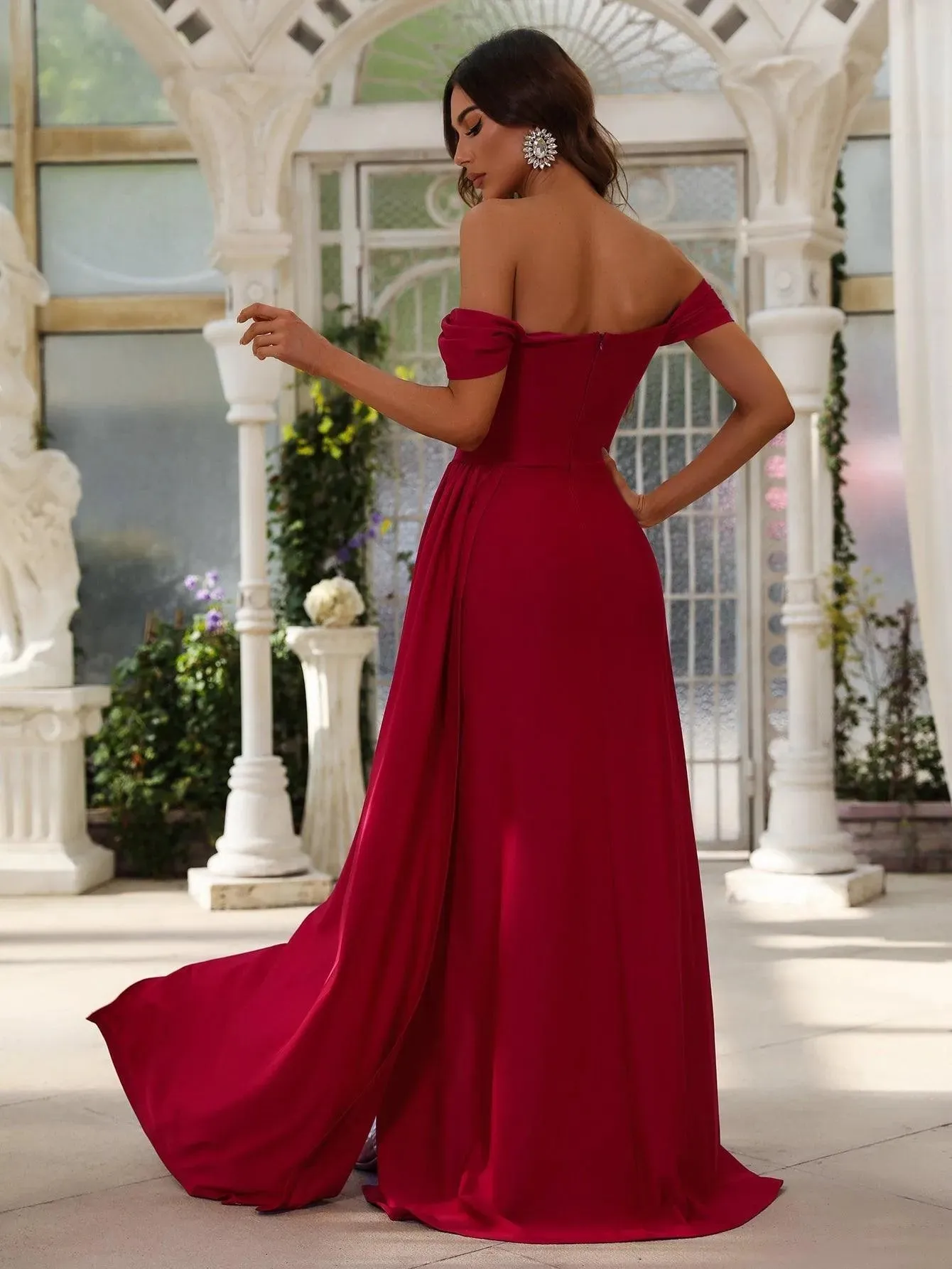 Off Shoulder Split Thigh Draped Side Party Dress