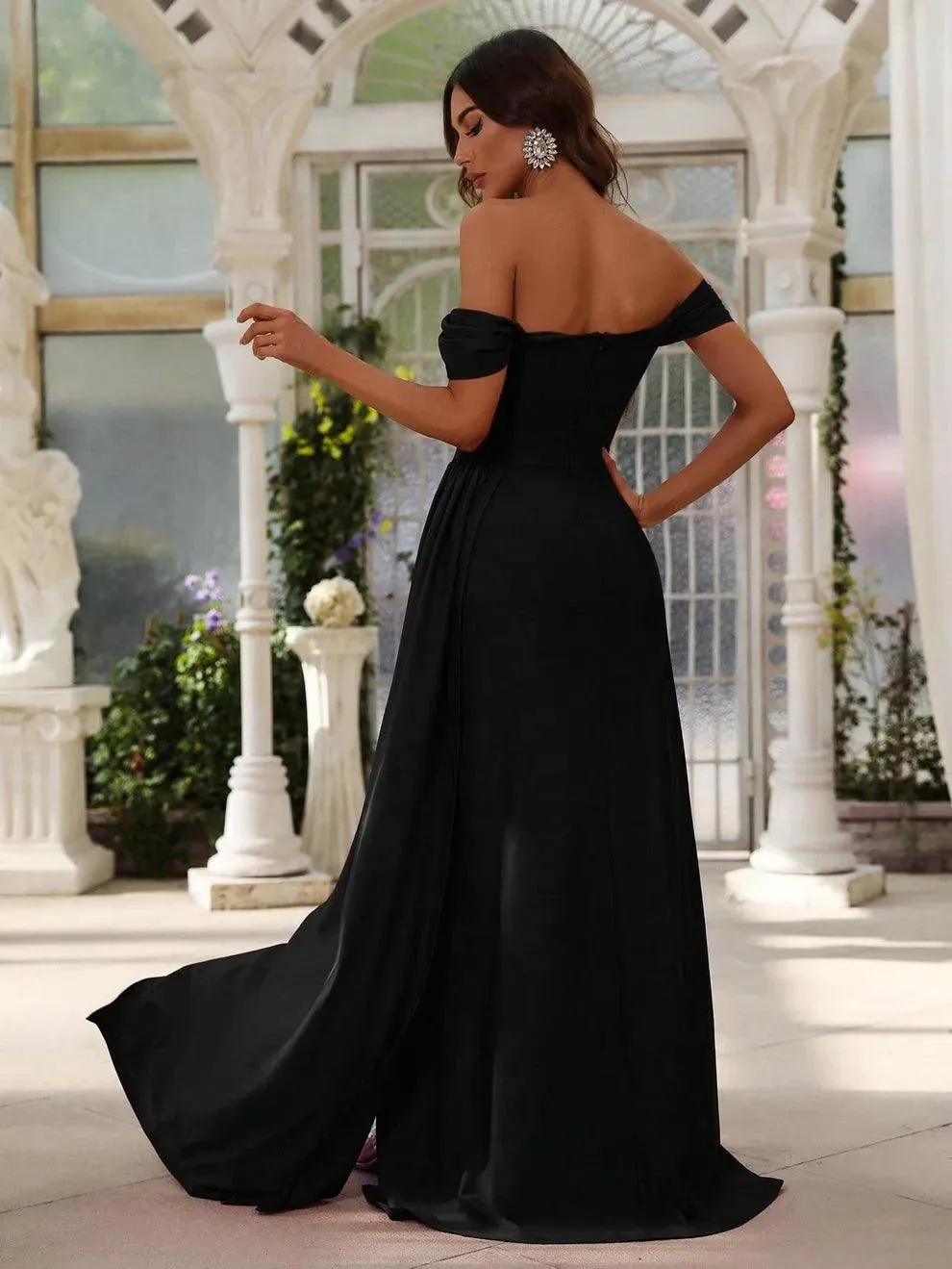 Off Shoulder Split Thigh Draped Side Party Dress