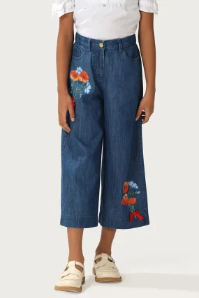 One Friday Kids Girls Floral Printed Blue Flared Pants