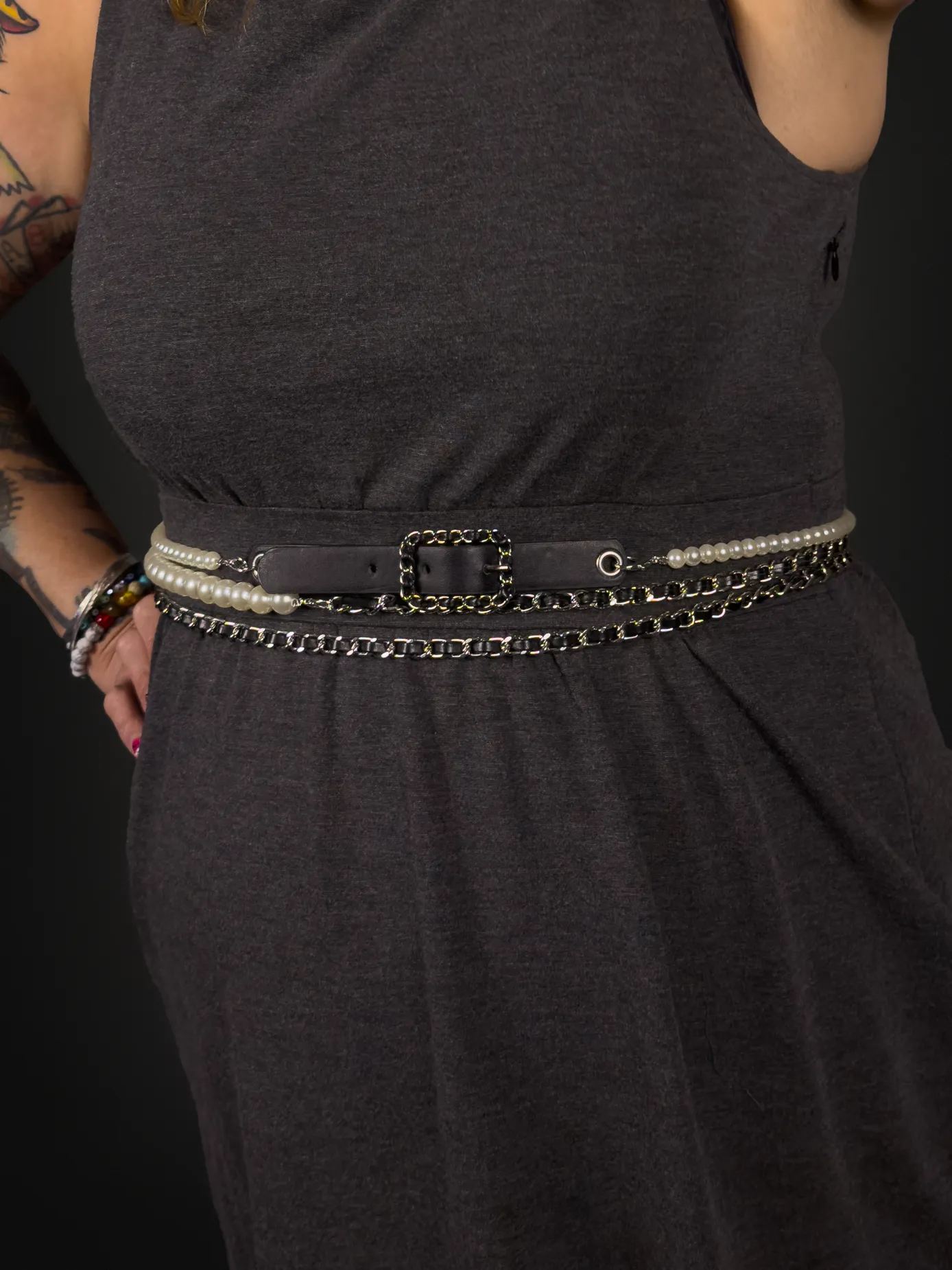 Pearl, Chain, PU Leather Layered Wrap Punk / Goth Belt