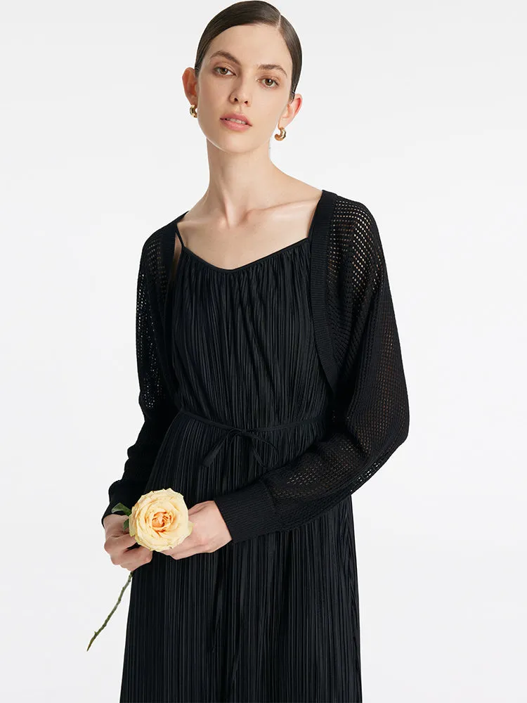 Pleated Spaghetti Strap Midi Dress And Knitted Openwork Cardigan Two-Piece Set