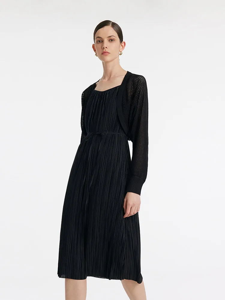 Pleated Spaghetti Strap Midi Dress And Knitted Openwork Cardigan Two-Piece Set