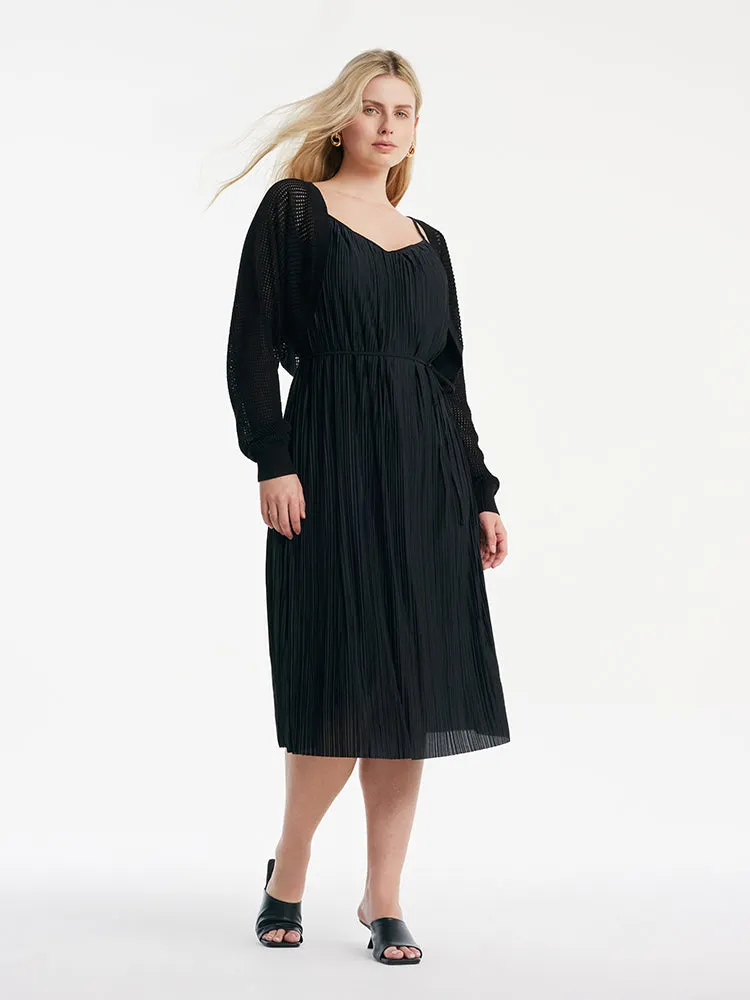 Pleated Spaghetti Strap Midi Dress And Knitted Openwork Cardigan Two-Piece Set