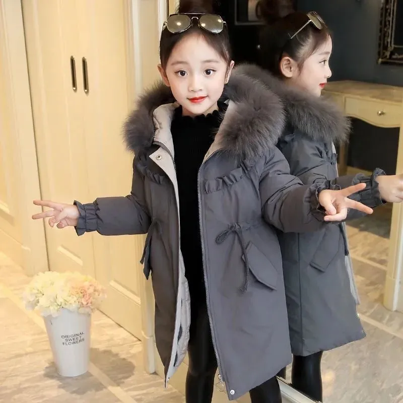 Plush Velvet Down Jacket Girls Hooded Coat Winter Outerwear Teenage Kid Parka Snowsuit Outdoors Casual Cotton Clothing 2023 New