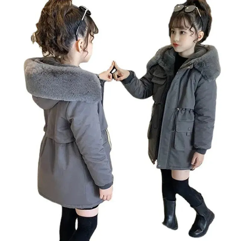 Plush Velvet Down Jacket Girls Hooded Coat Winter Outerwear Teenage Kid Parka Snowsuit Outdoors Casual Cotton Clothing 2023 New