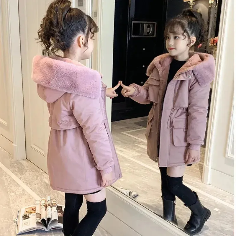 Plush Velvet Down Jacket Girls Hooded Coat Winter Outerwear Teenage Kid Parka Snowsuit Outdoors Casual Cotton Clothing 2023 New