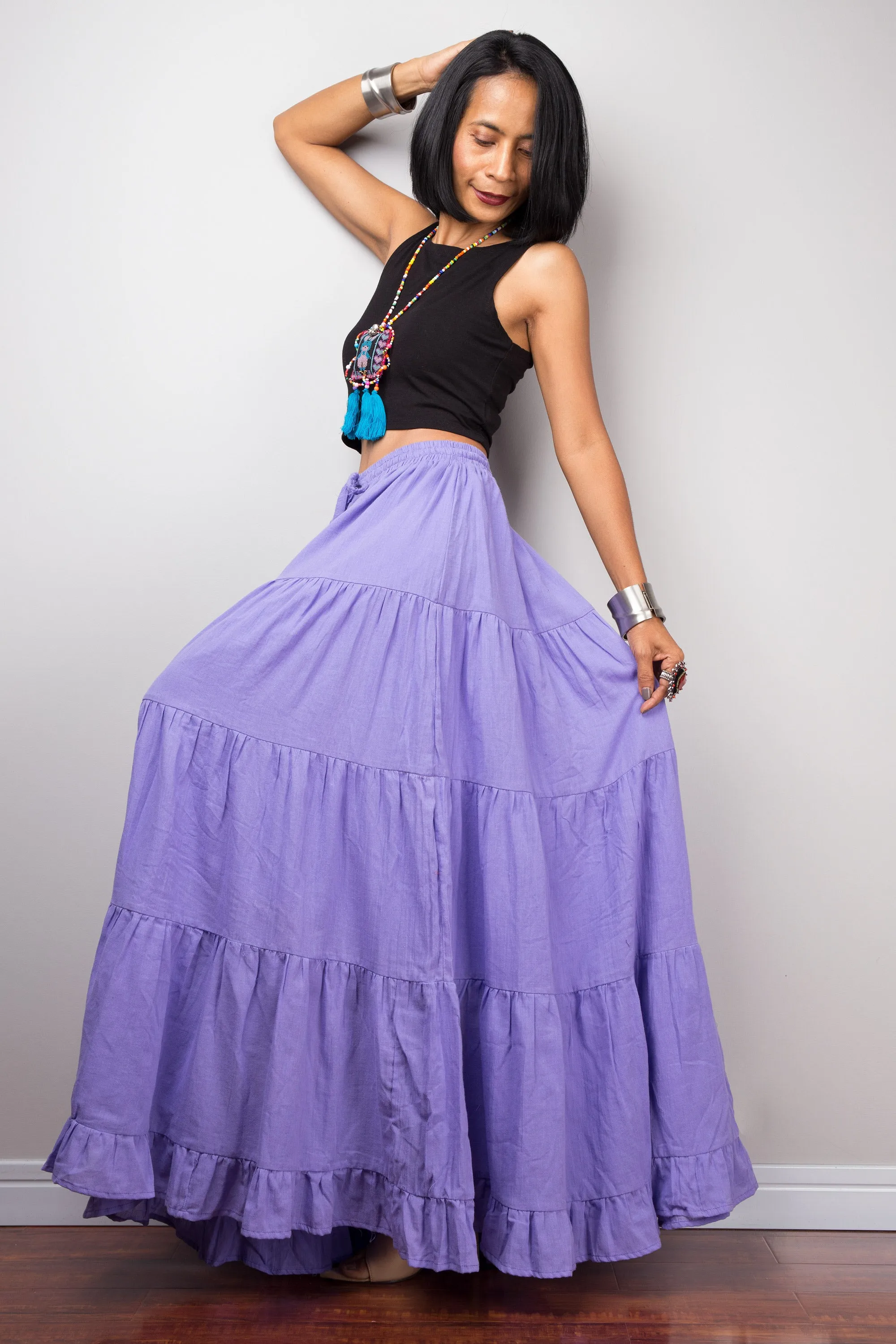 Purple skirt | Tiered peasant maxi skirt | Long boho soft lavender cotton flare skirt