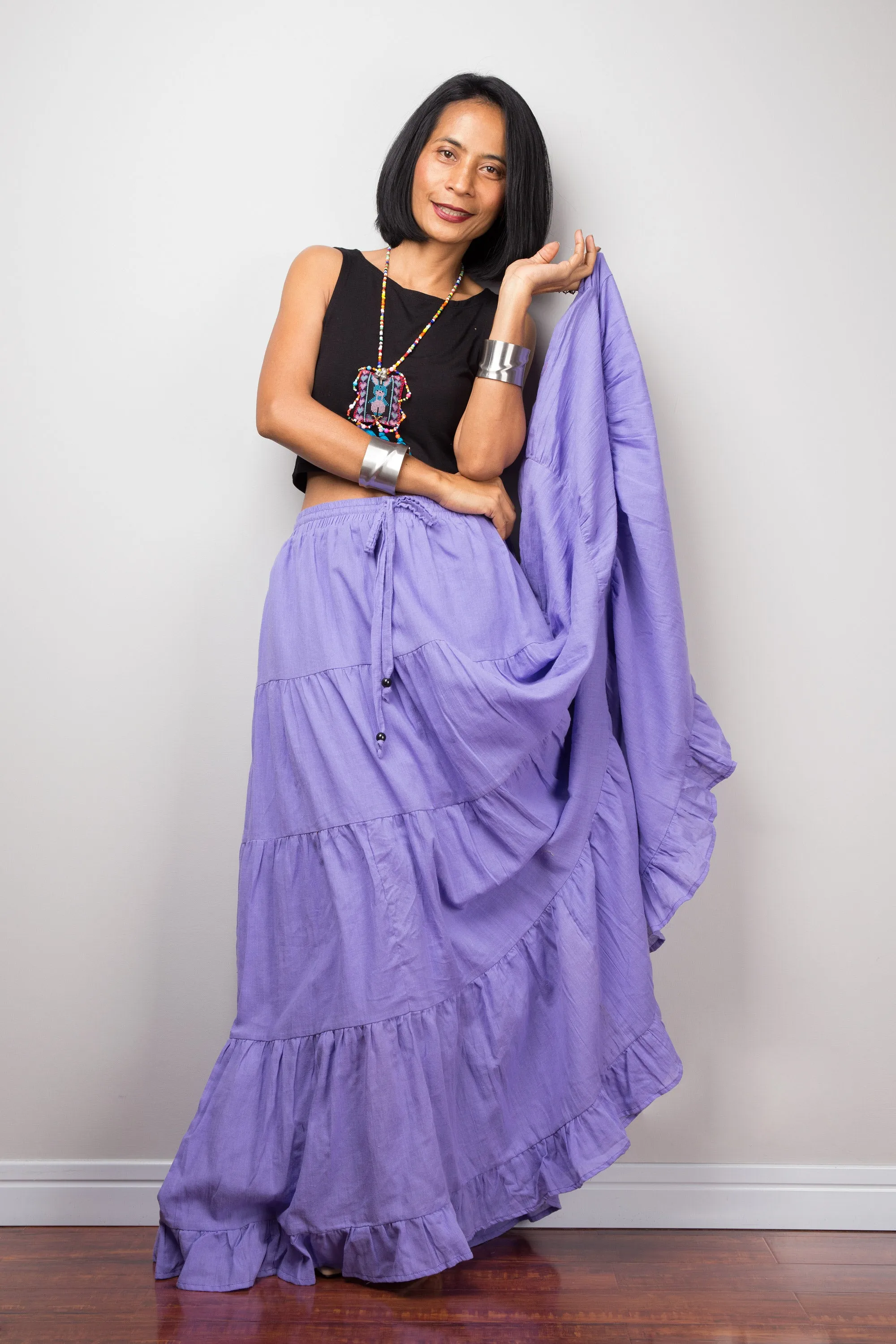 Purple skirt | Tiered peasant maxi skirt | Long boho soft lavender cotton flare skirt