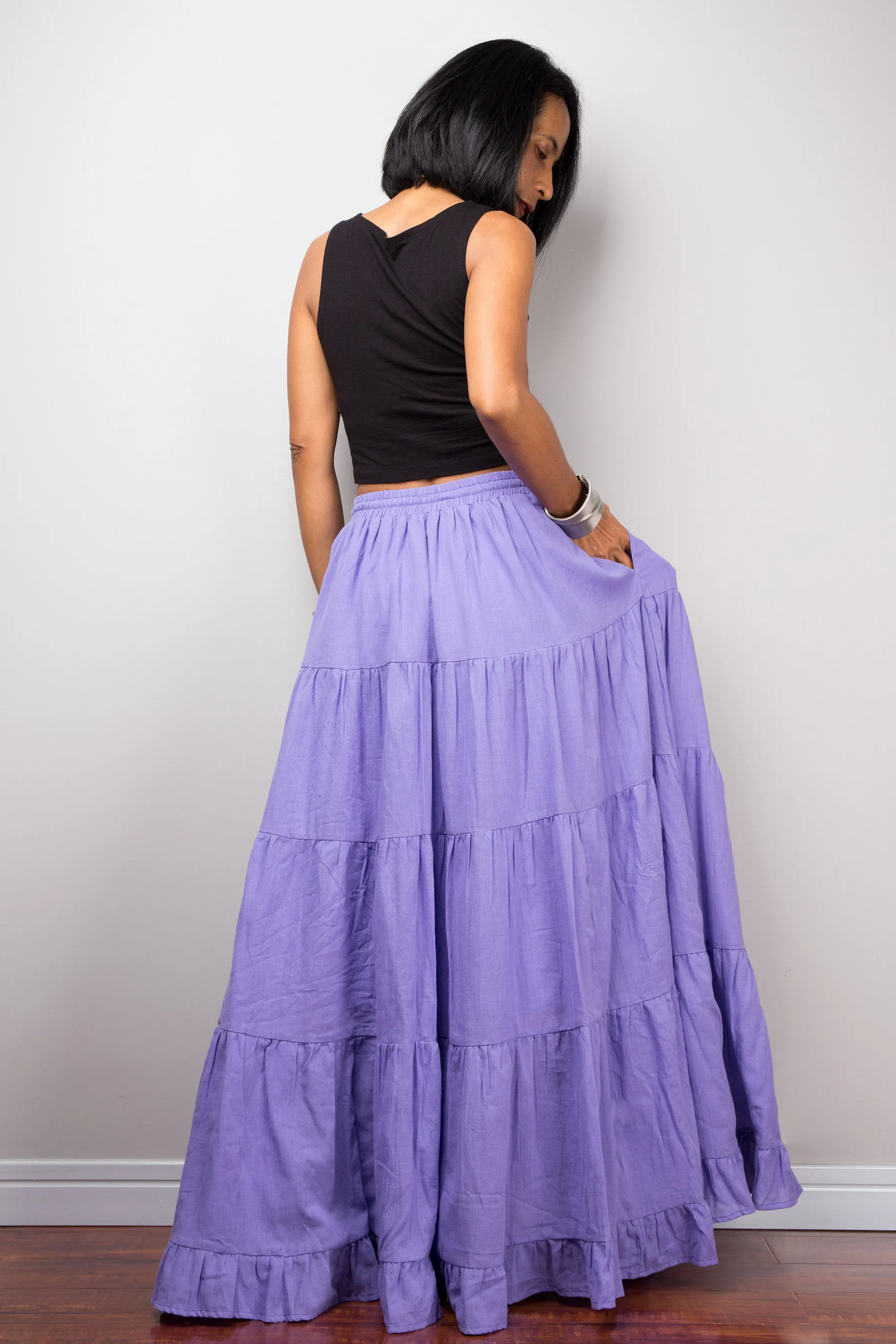 Purple skirt | Tiered peasant maxi skirt | Long boho soft lavender cotton flare skirt