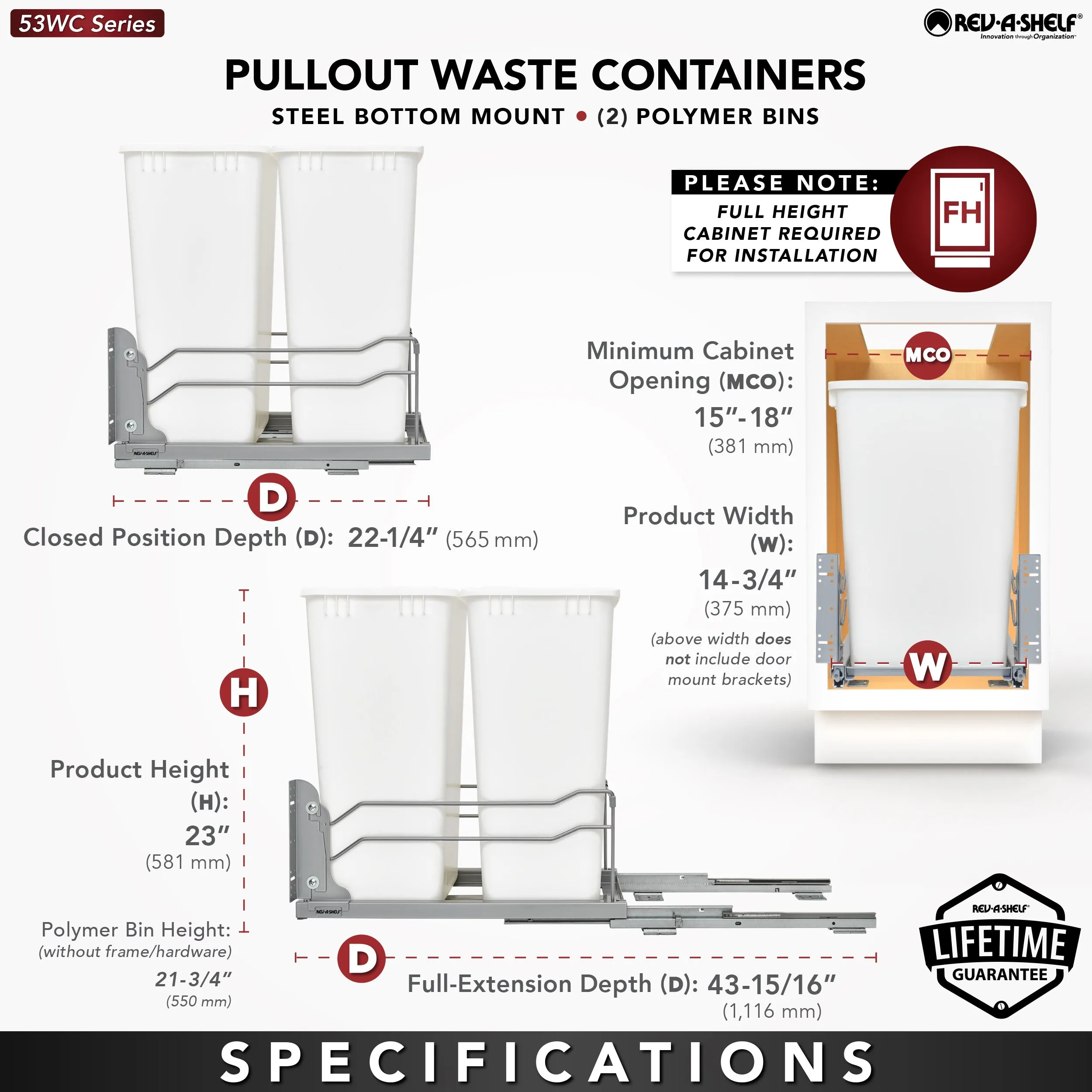 Rev-A-Shelf Double 50 Quart Pull-out Waste Container Soft-Close 53WC-2150SCDM-212