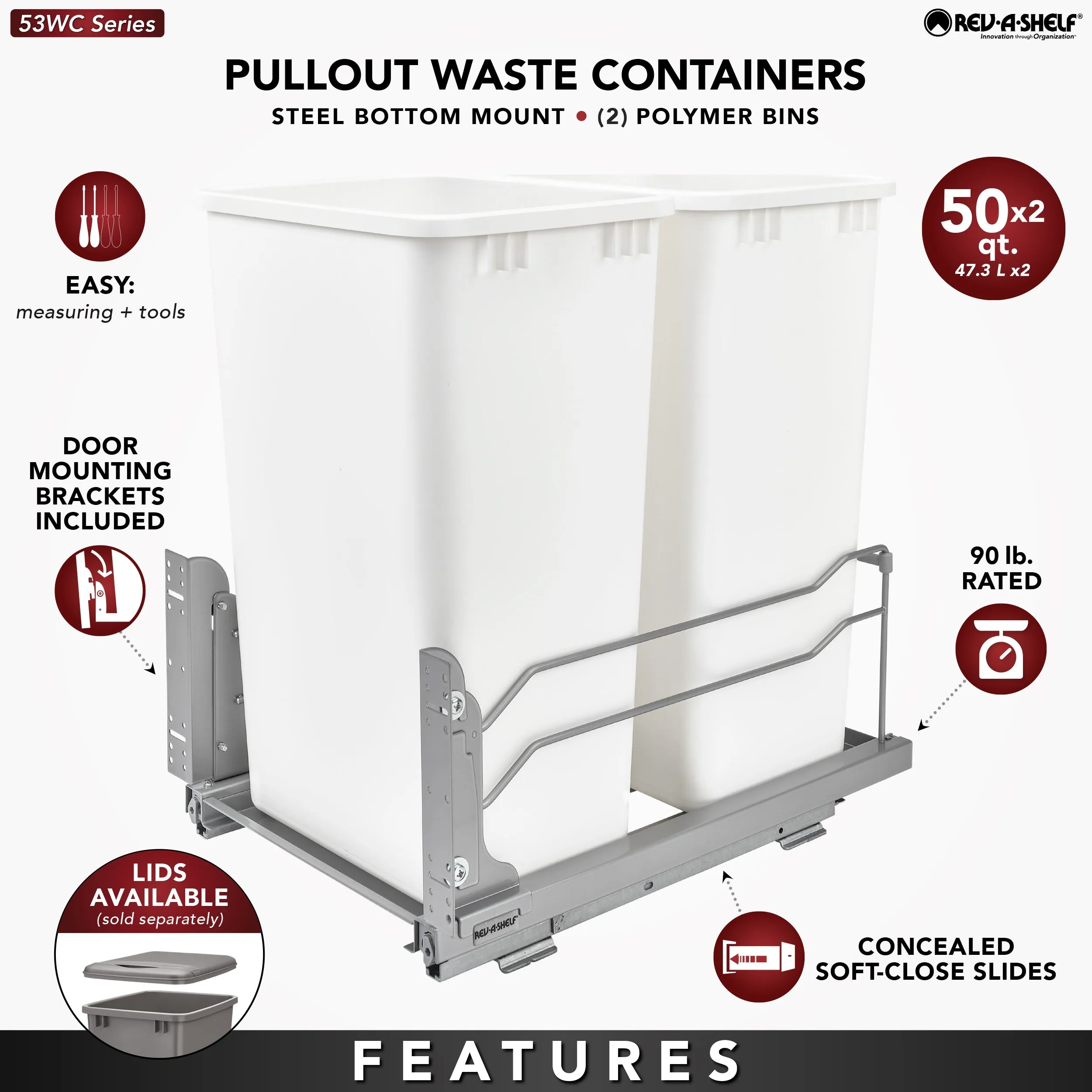 Rev-A-Shelf Double 50 Quart Pull-out Waste Container Soft-Close 53WC-2150SCDM-212