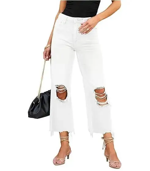 Ripped Distressed Flared Casual Frayed Wide High Solid Color Retro Pants