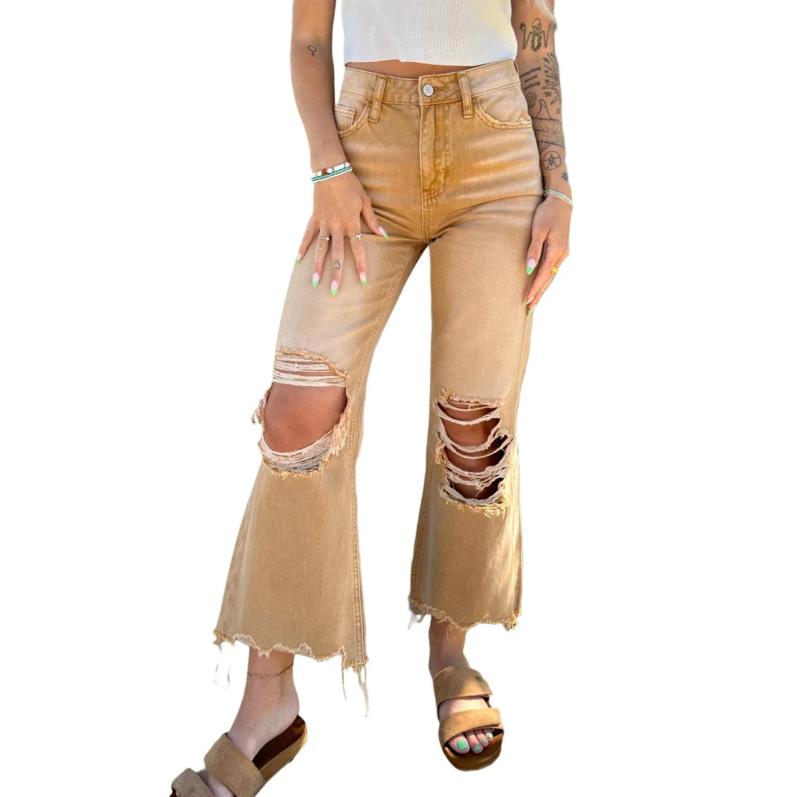 Ripped Distressed Flared Casual Frayed Wide High Solid Color Retro Pants