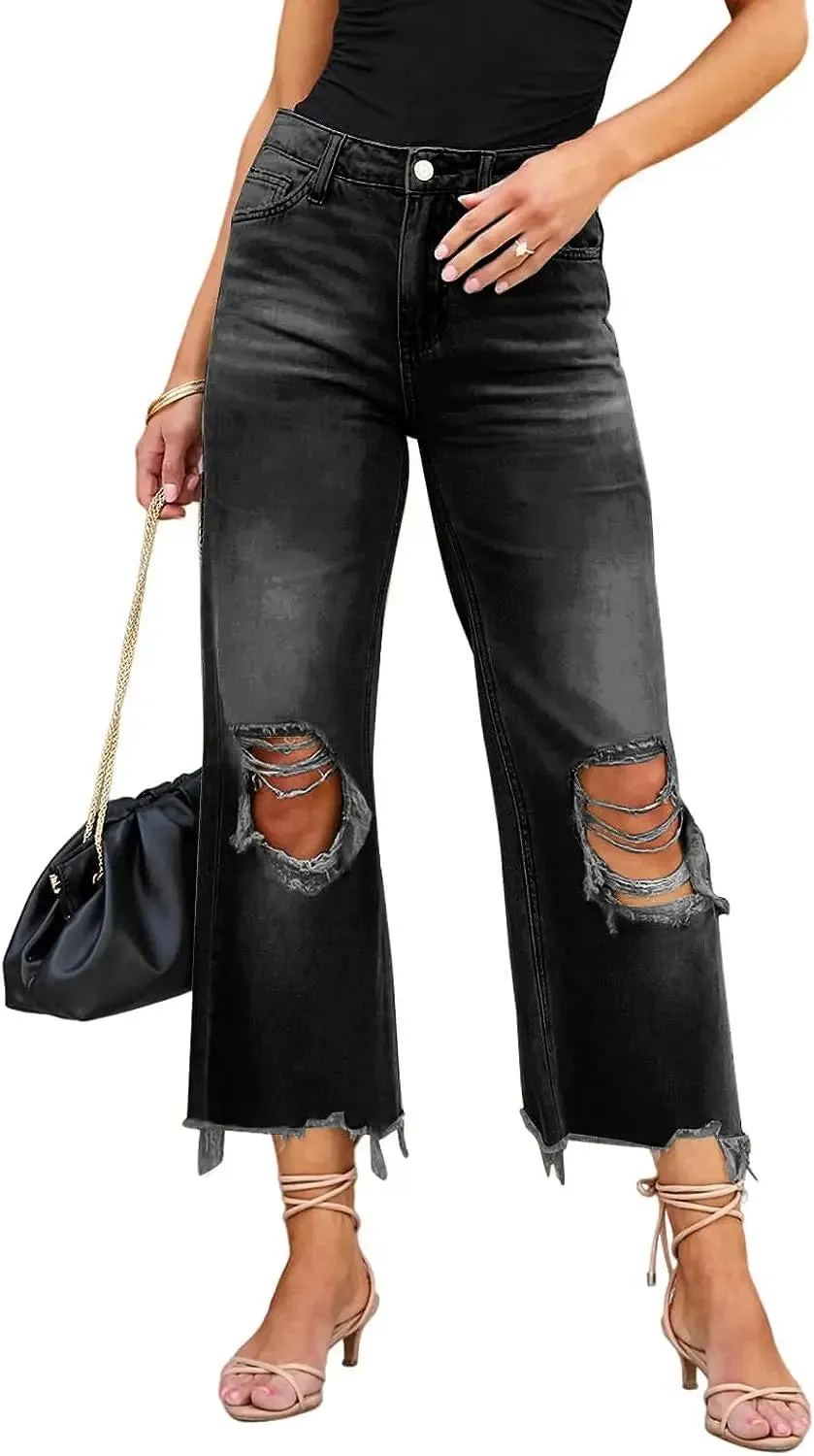 Ripped Distressed Flared Casual Frayed Wide High Solid Color Retro Pants