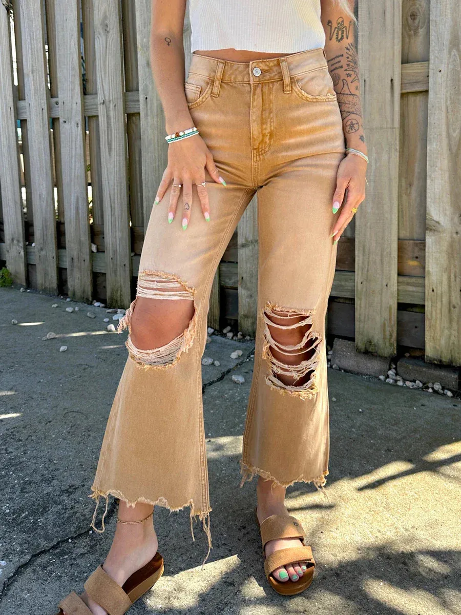 Ripped Distressed Flared Casual Frayed Wide High Solid Color Retro Pants