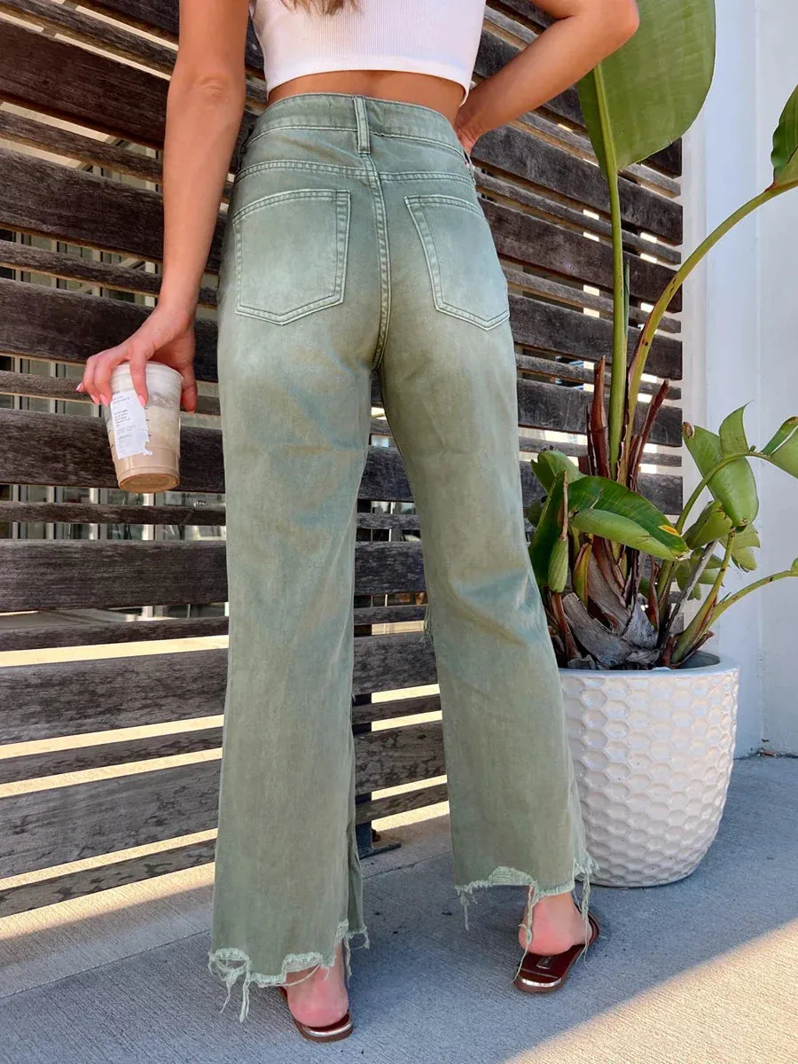 Ripped Distressed Flared Casual Frayed Wide High Solid Color Retro Pants