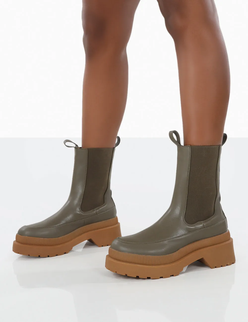 Rise Khaki Platform Chunky Rubber Sole chelsea Boots