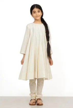 Set of 2: Sand White Cotton Anarkali Kurti with Flared Pants