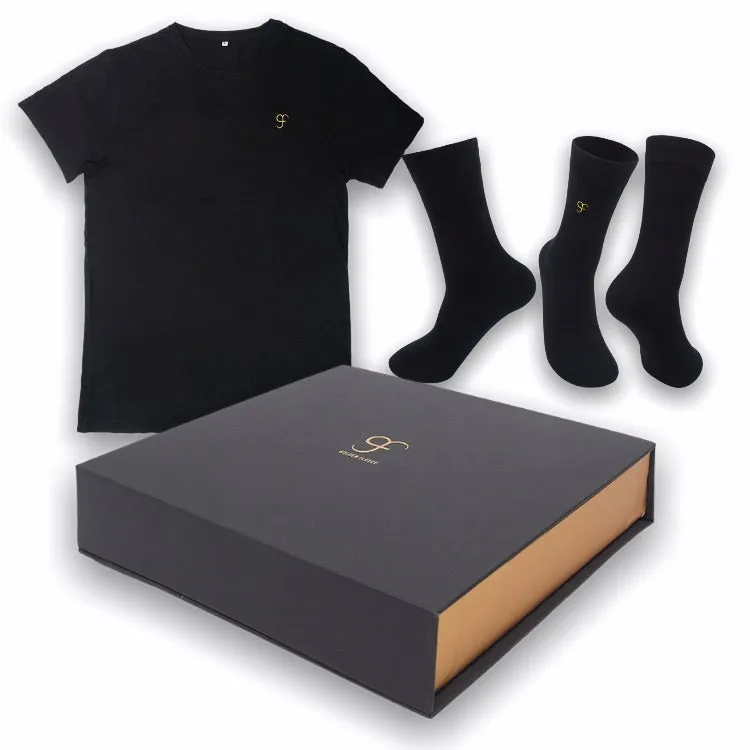 Small size Luxury Bamboo T-Shirt & Bamboo Socks Gift Box Set for Men & Women in a Handcrafted Magnetic Close Keepsake Box Black