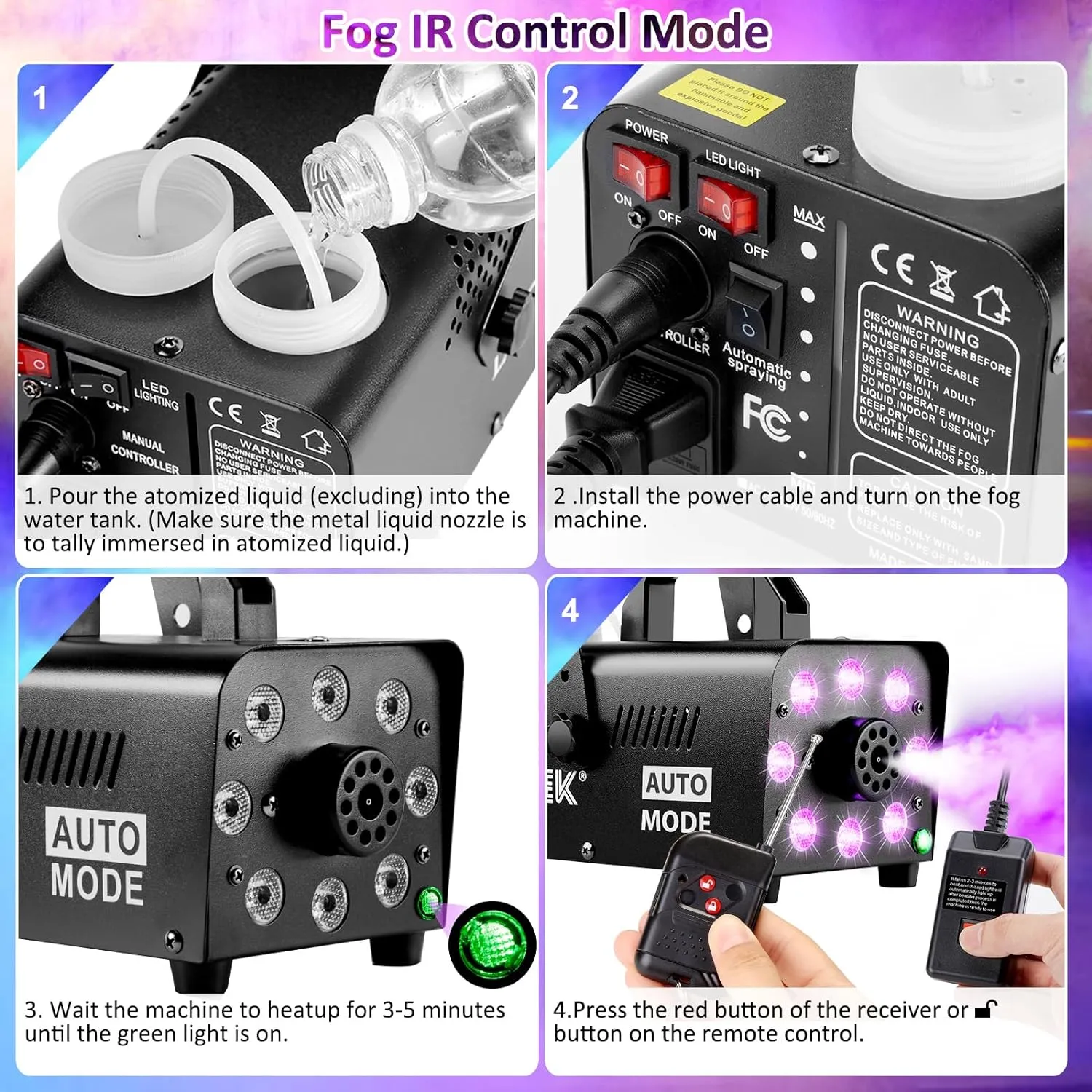 Smoke Machine, Fog Machine with 13 Colorful LED Lights Effect, 500W and 2000CFM Fog with 1 Wired Receiver and 2 Wireless Remote Controls