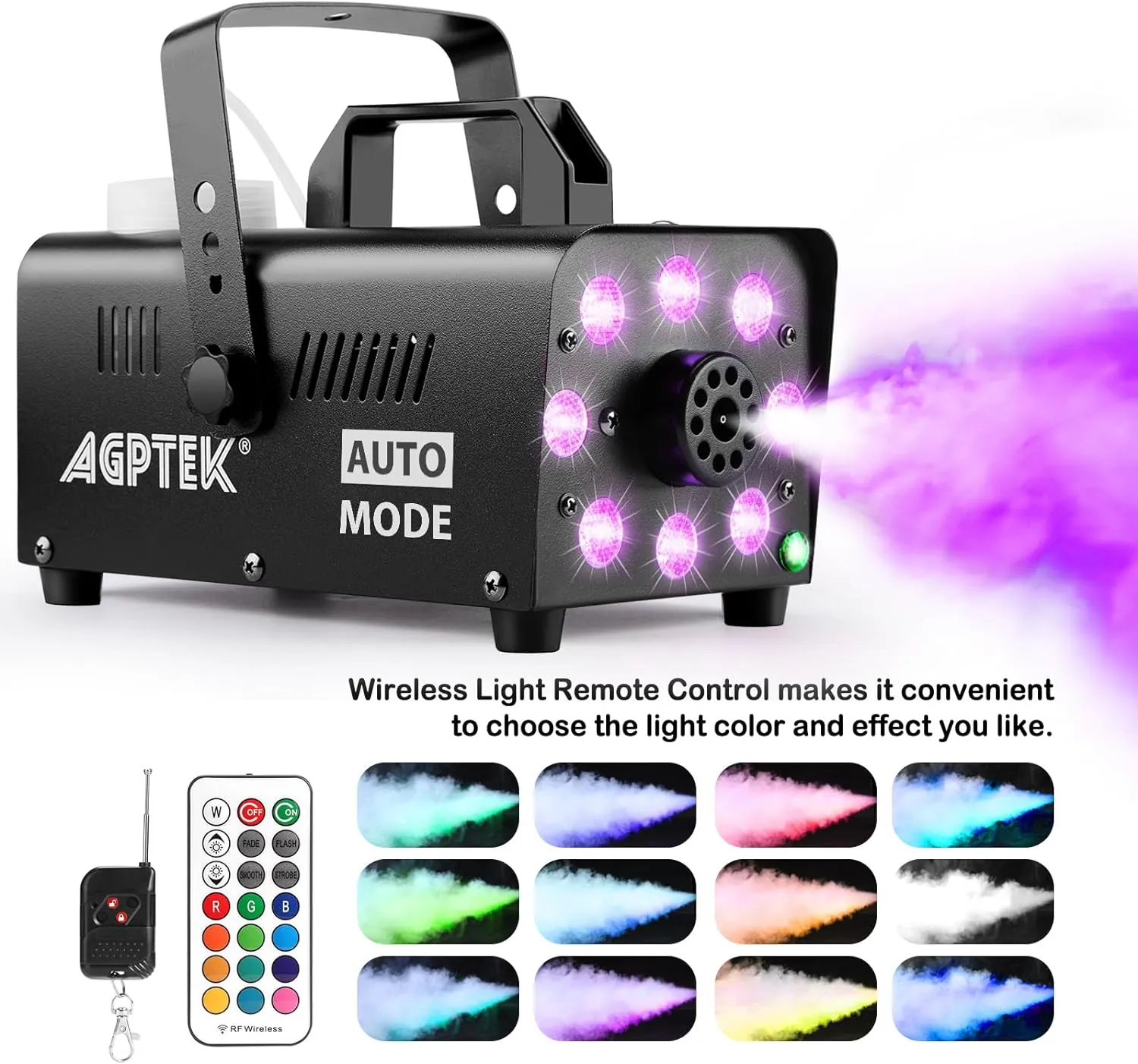 Smoke Machine, Fog Machine with 13 Colorful LED Lights Effect, 500W and 2000CFM Fog with 1 Wired Receiver and 2 Wireless Remote Controls