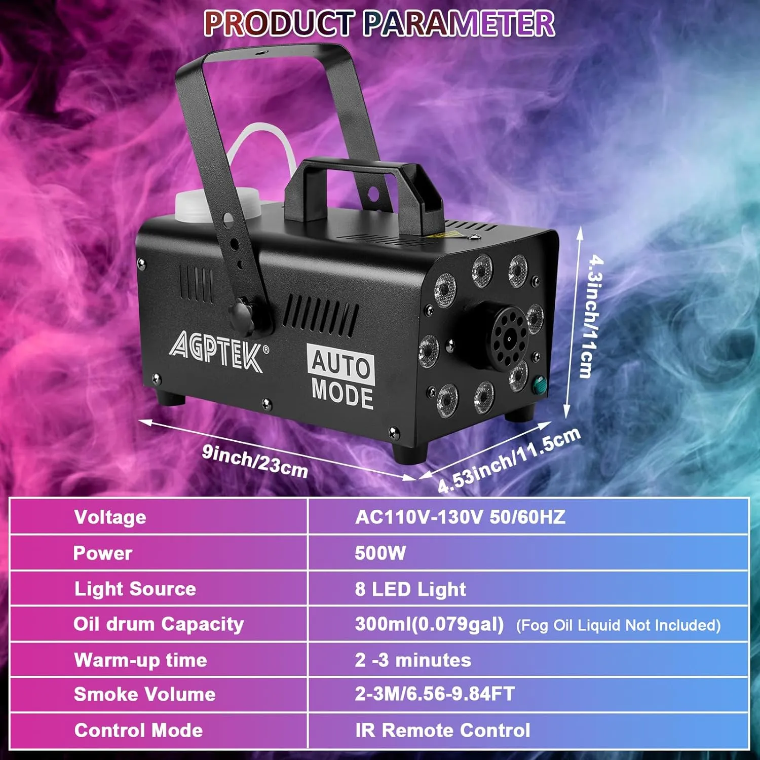 Smoke Machine, Fog Machine with 13 Colorful LED Lights Effect, 500W and 2000CFM Fog with 1 Wired Receiver and 2 Wireless Remote Controls