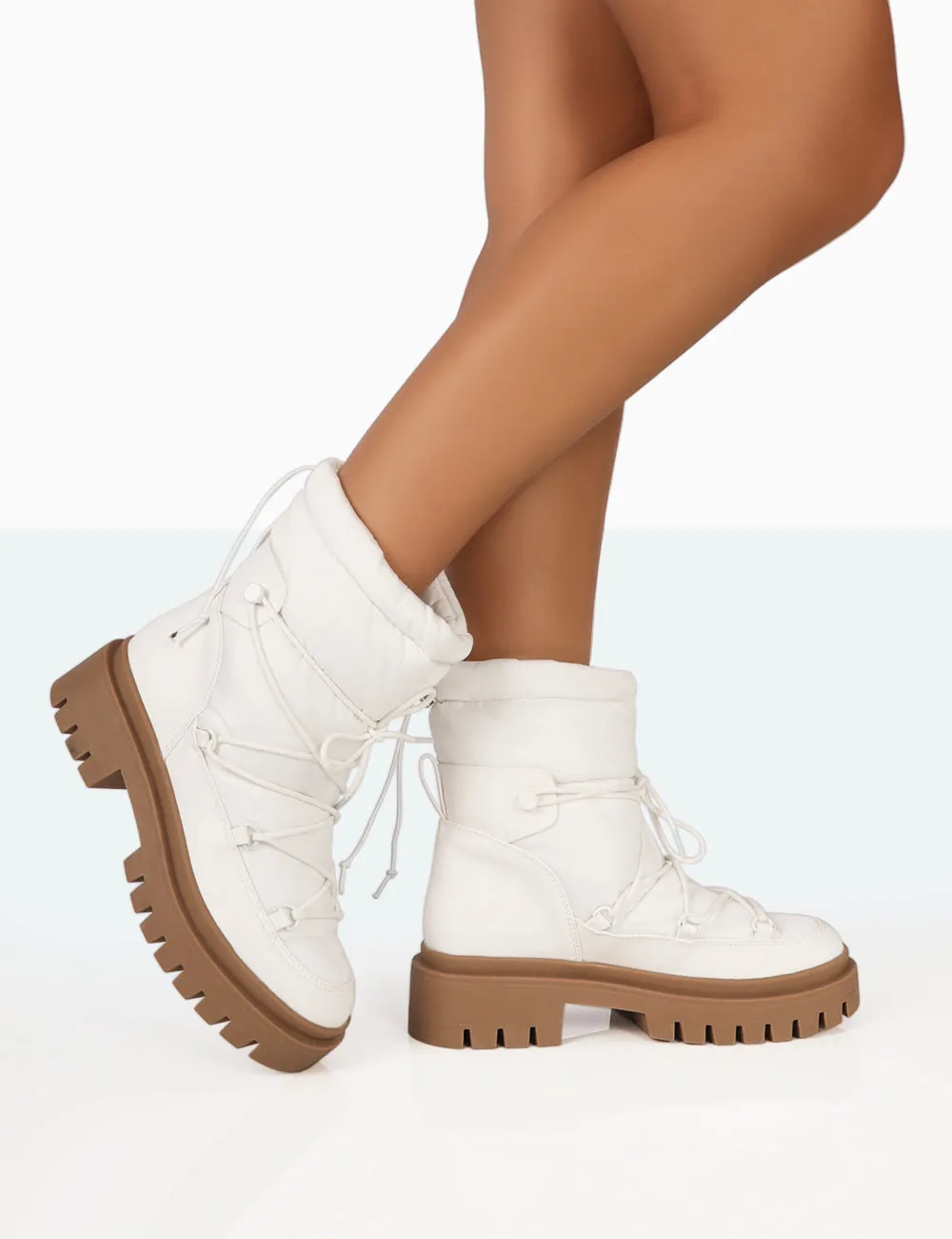 Snowy White Lace Up Chunky Sole Snow Ankle Boots