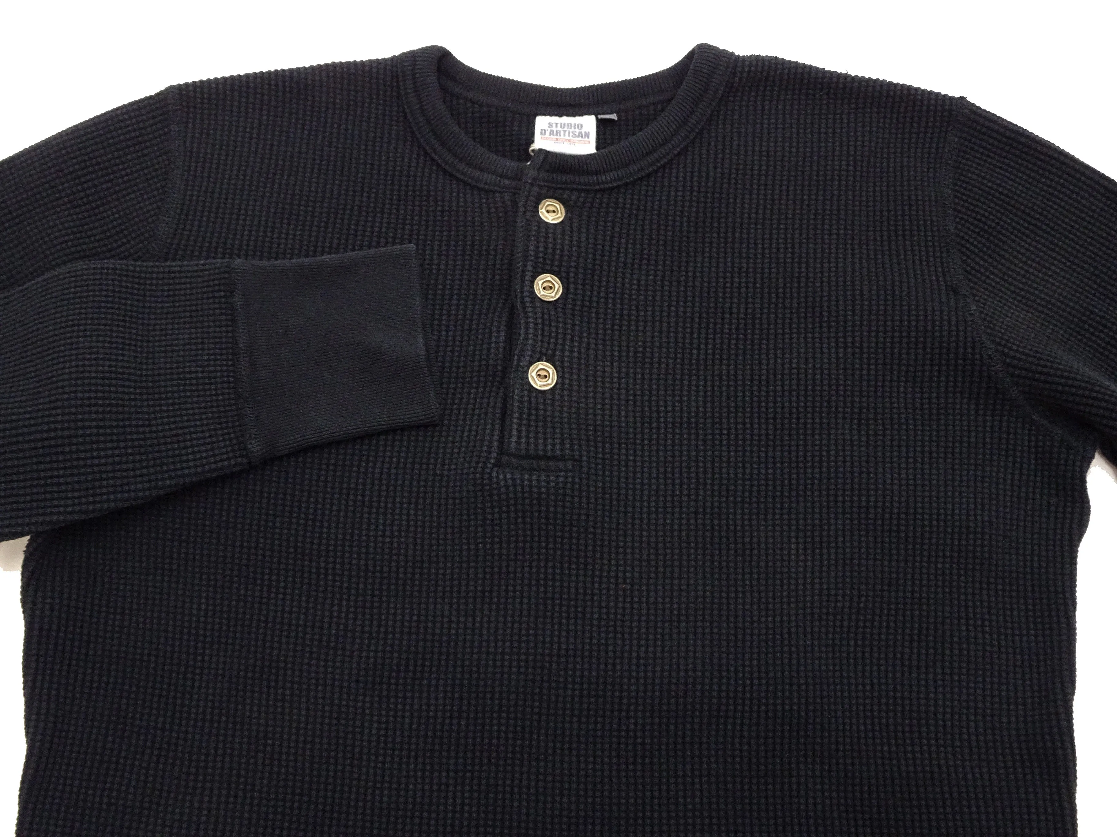 Studio D'artisan Waffle-Knit Thermal Henley T-Shirt Men's Casual Long Sleeve Plain 3-Button Placket Heavyweight Thermal Tee 9937 Black