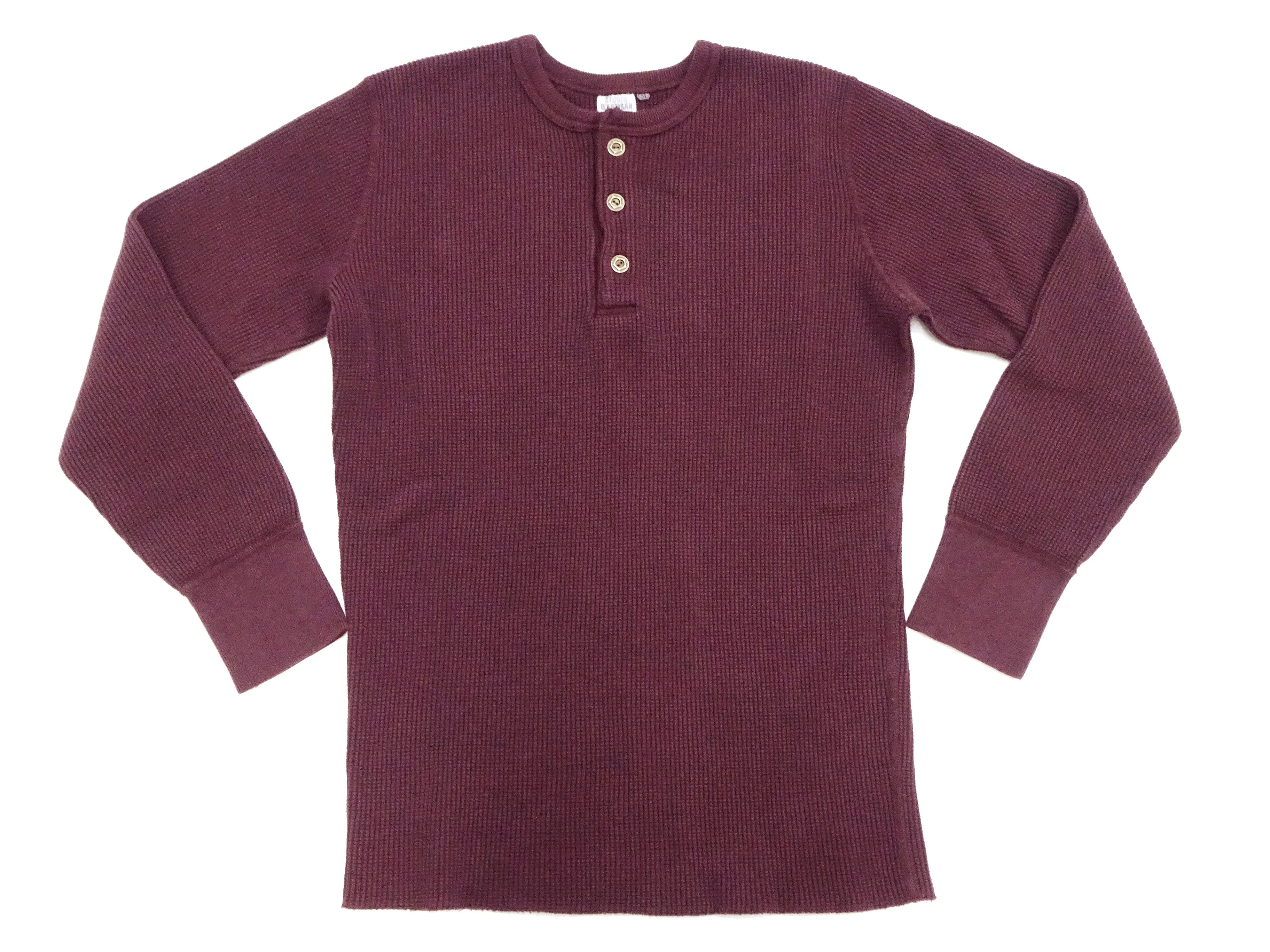 Studio D'artisan Waffle-Knit Thermal Henley T-Shirt Men's Casual Long Sleeve Plain 3-Button Placket Heavyweight Thermal Tee 9937 Burgundy