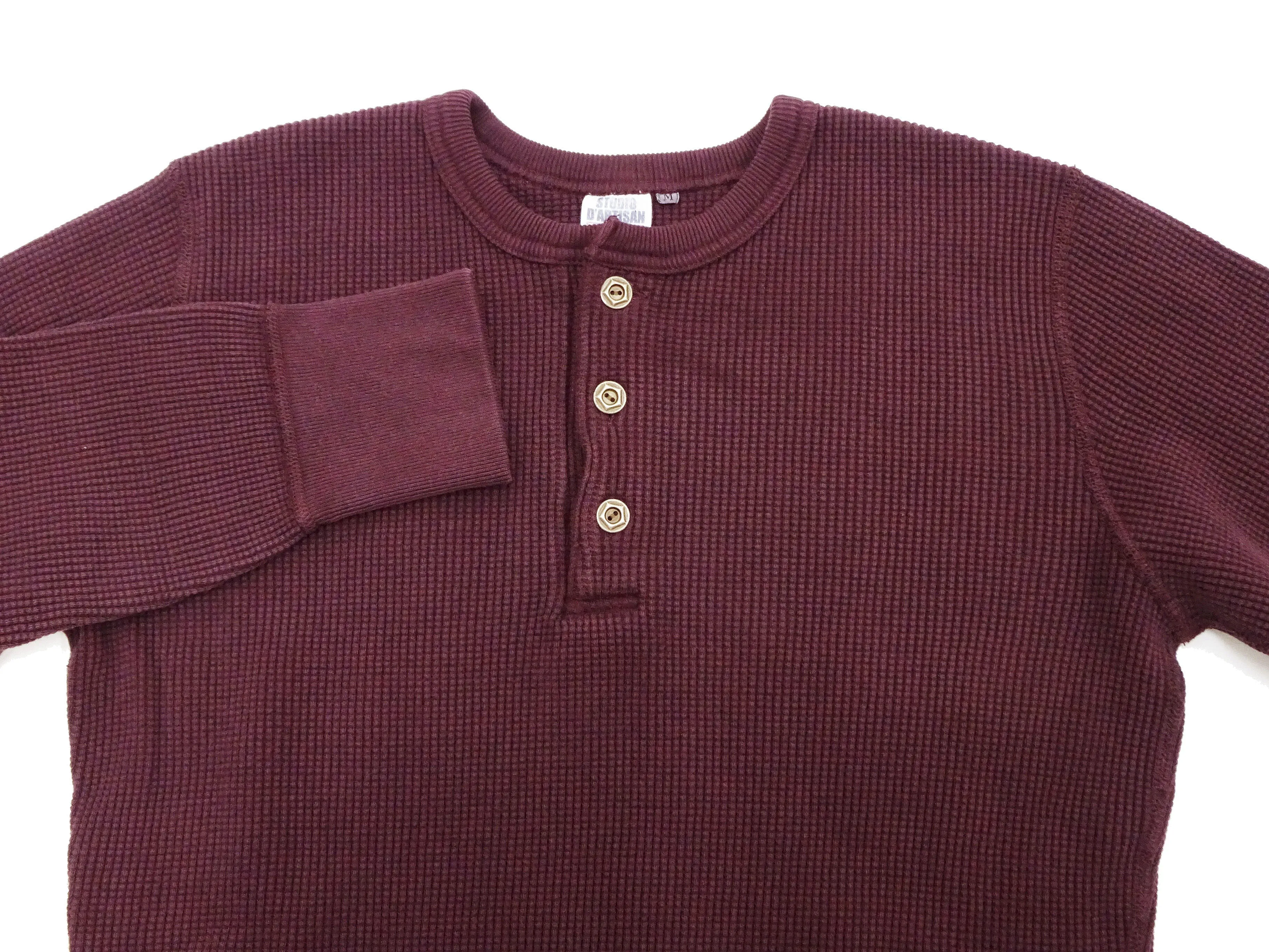 Studio D'artisan Waffle-Knit Thermal Henley T-Shirt Men's Casual Long Sleeve Plain 3-Button Placket Heavyweight Thermal Tee 9937 Burgundy