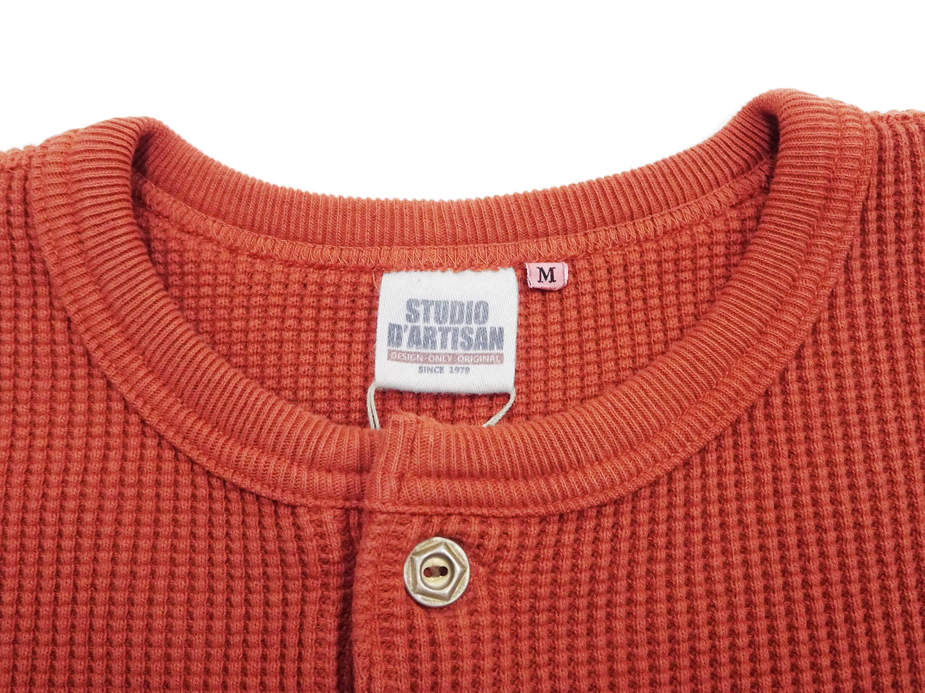 Studio D'artisan Waffle-Knit Thermal Henley T-Shirt Men's Casual Long Sleeve Plain 3-Button Placket Heavyweight Thermal Tee 9937 Burnt Sienna (deep red-brown color)