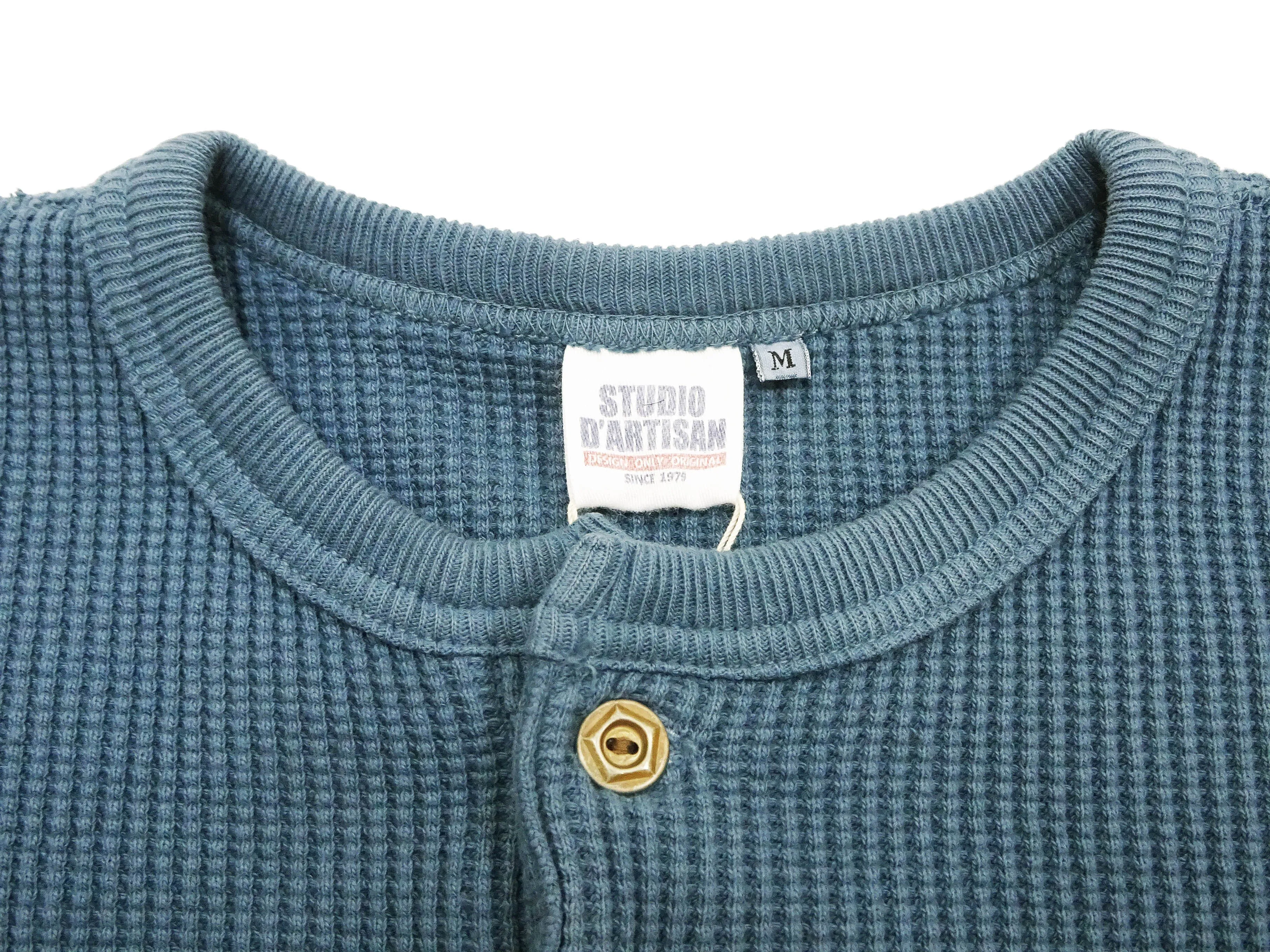 Studio D'artisan Waffle-Knit Thermal Henley T-Shirt Men's Casual Long Sleeve Plain 3-Button Placket Heavyweight Thermal Tee 9937 Faded-Blue