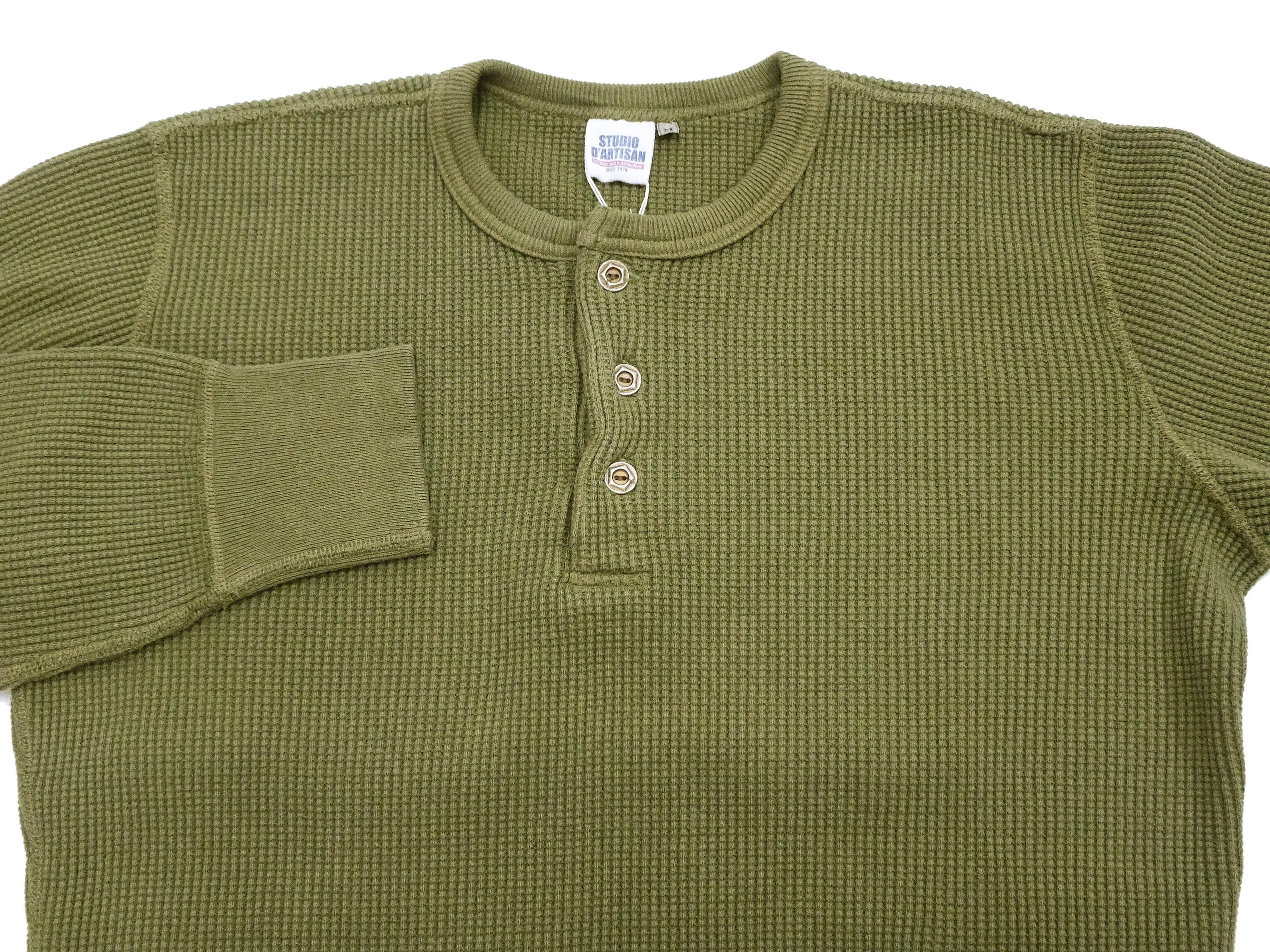 Studio D'artisan Waffle-Knit Thermal Henley T-Shirt Men's Casual Long Sleeve Plain 3-Button Placket Heavyweight Thermal Tee 9937 Khaki