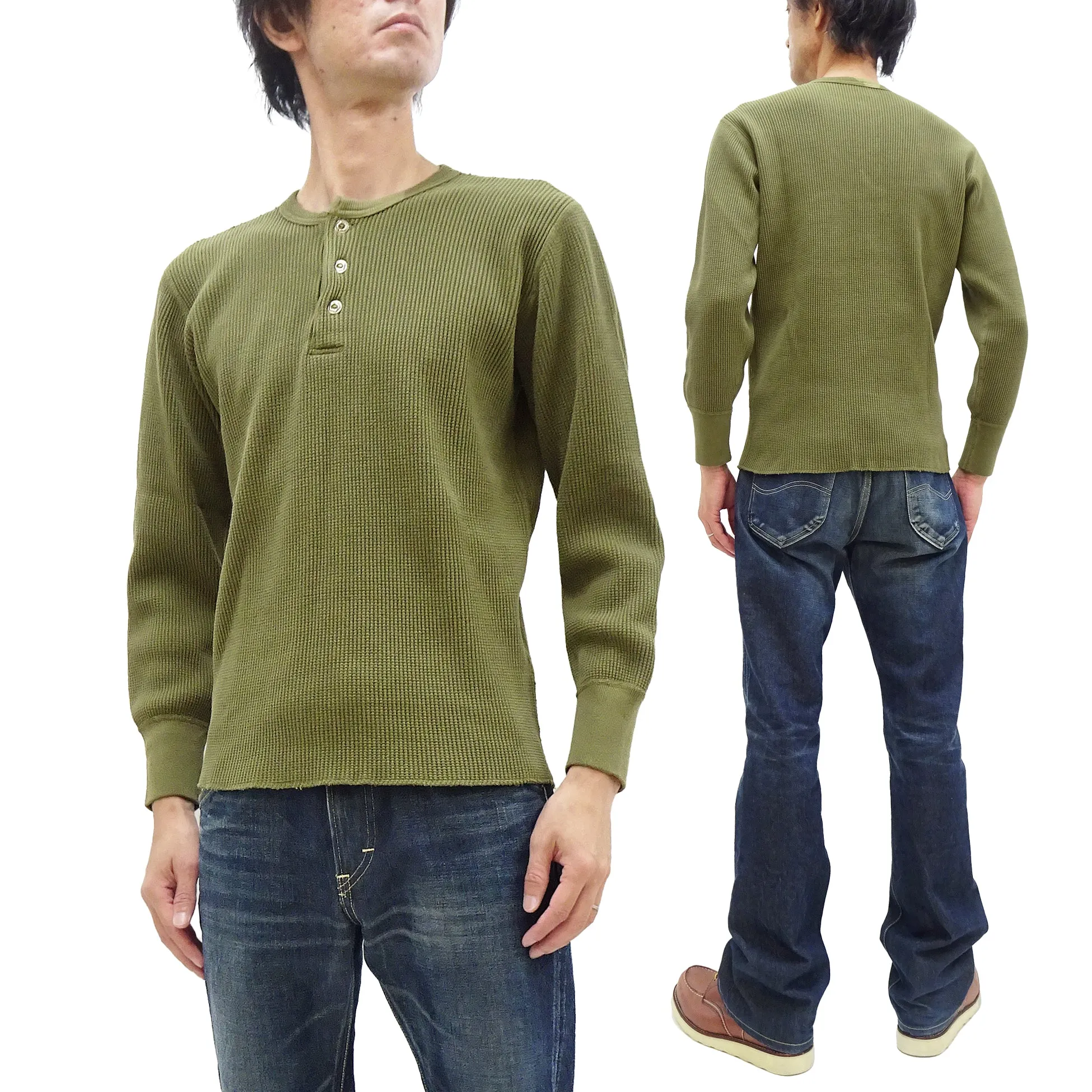 Studio D'artisan Waffle-Knit Thermal Henley T-Shirt Men's Casual Long Sleeve Plain 3-Button Placket Heavyweight Thermal Tee 9937 Khaki