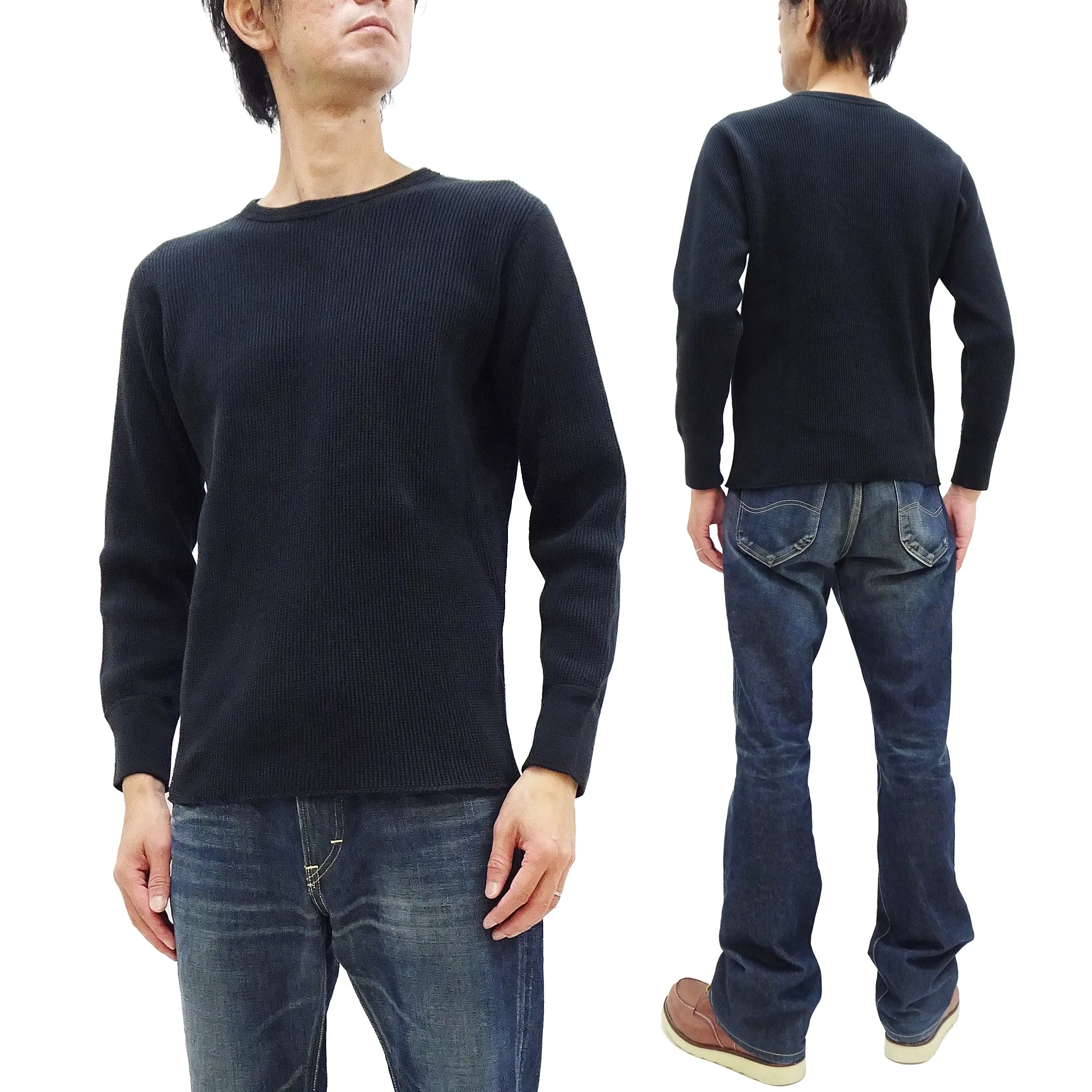 Studio D'artisan Waffle-Knit Thermal T-Shirt Men's Casual Long Sleeve Plain Crew-Neck Heavyweight Thermal Tee 9936 Black