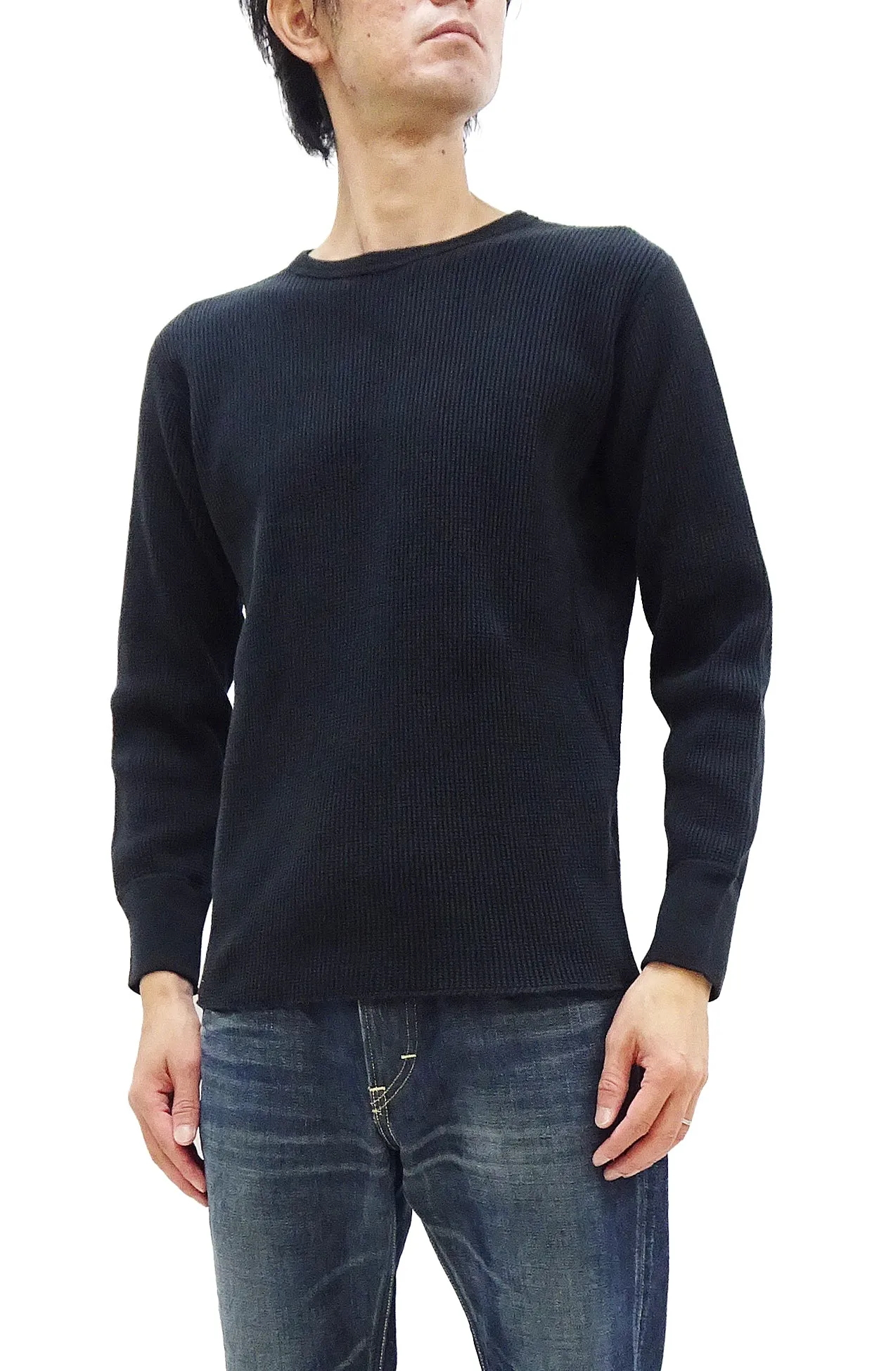 Studio D'artisan Waffle-Knit Thermal T-Shirt Men's Casual Long Sleeve Plain Crew-Neck Heavyweight Thermal Tee 9936 Black